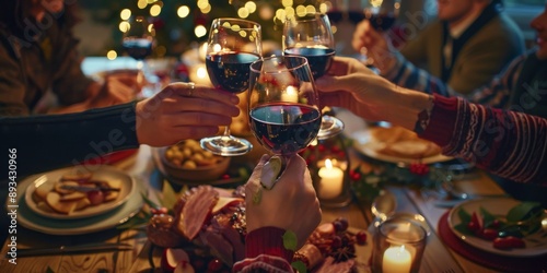 Enjoy a joyful and celebratory holiday dinner with friends and family, sharing heartfelt toasts and creating cherished memories over glasses of wine in a festive and cozy atmosphere