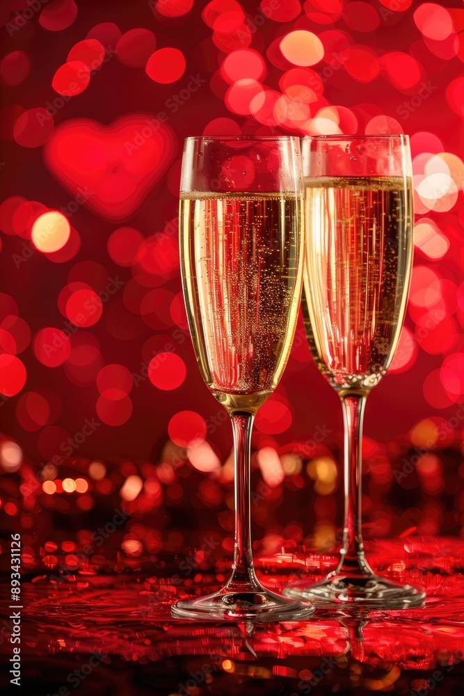 glasses with champagne on a red background. selective focus