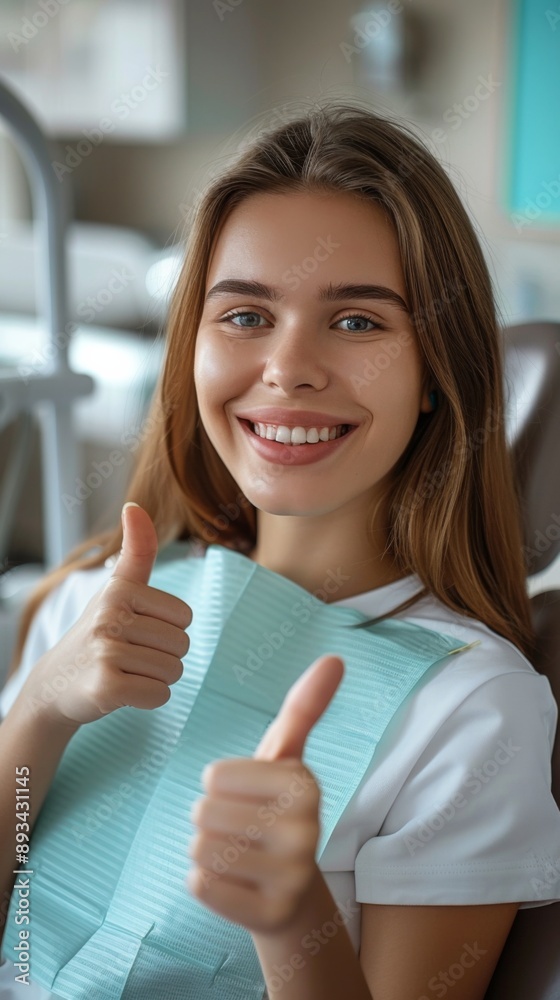 smiling female patient sitting on chair showing thumb-up in dental clinic