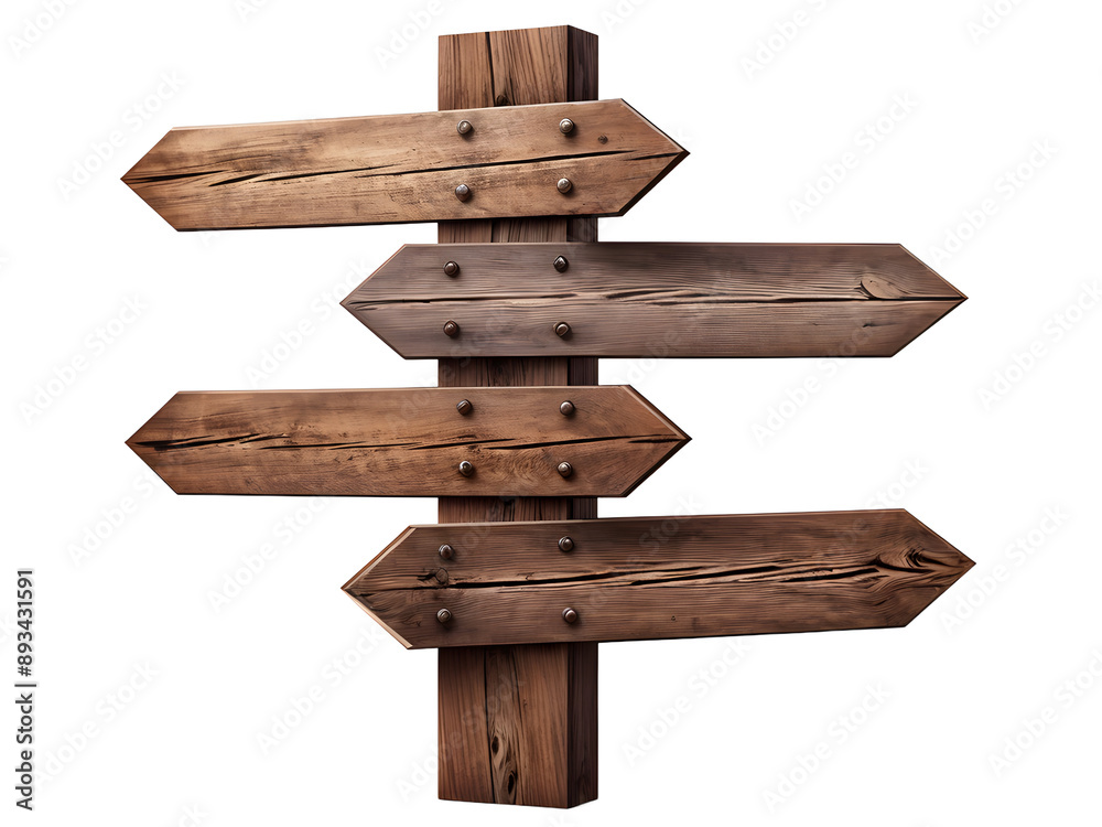Collection of wooden direction signs isolated on transparent background with clipping path.
