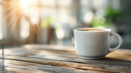 A white cup of coffee is placed on a rustic wooden table, bathed in sunlight with a blurred backdrop, capturing a warm and peaceful morning scene in a cozy setting. photo