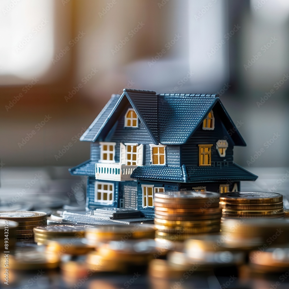 miniature model house surrounded by stacks of coins symbolizing real estate investment and property market clean studio setting with soft lighting emphasizing financial concept miniature model house surrounded by stacks of coins symbolizing real estate investment and property market clean studio setting with soft lighting emphasizing financial concept