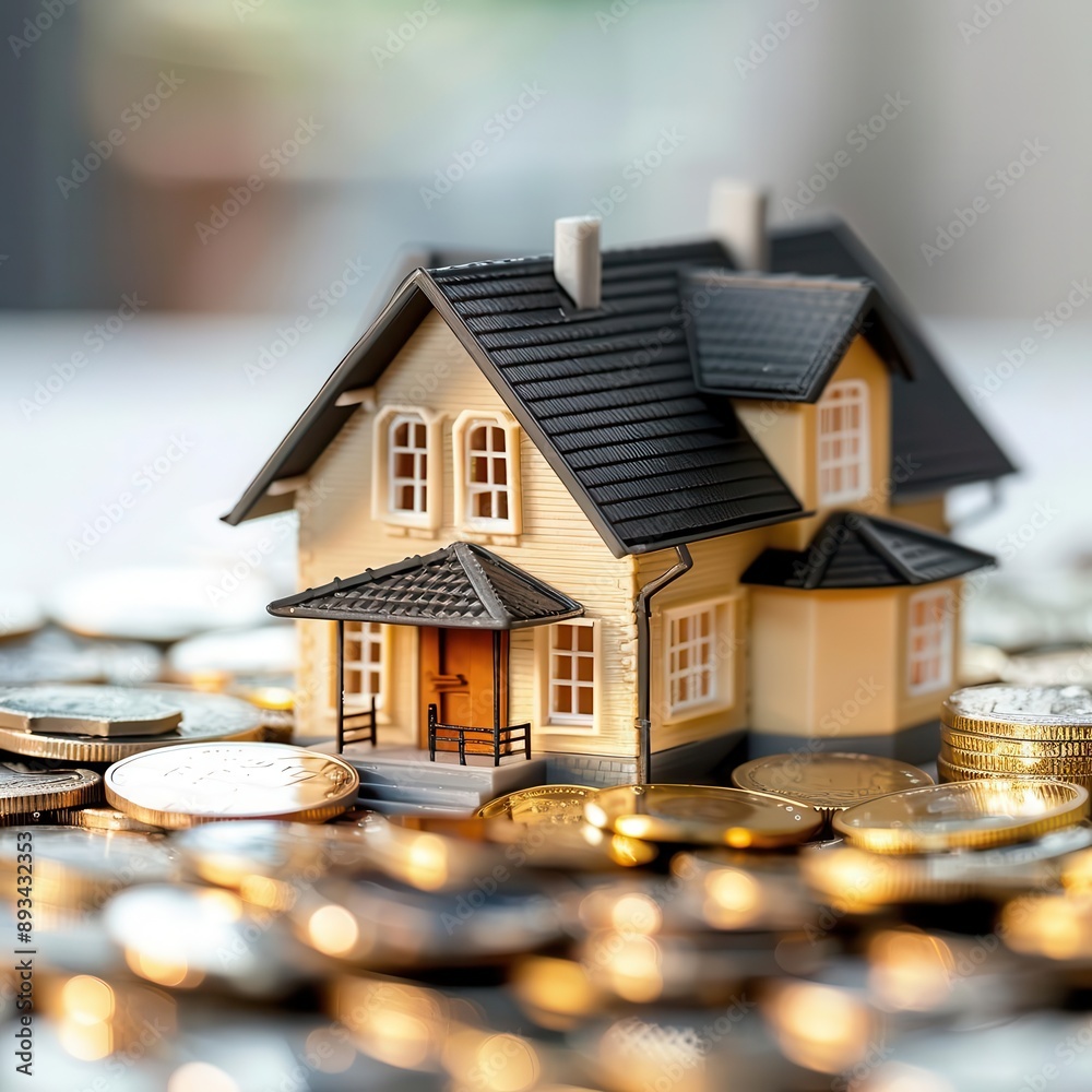 miniature model house surrounded by stacks of coins symbolizing real estate investment and property market clean studio setting with soft lighting emphasizing financial concept miniature model house surrounded by stacks of coins symbolizing real estate investment and property market clean studio setting with soft lighting emphasizing financial concept