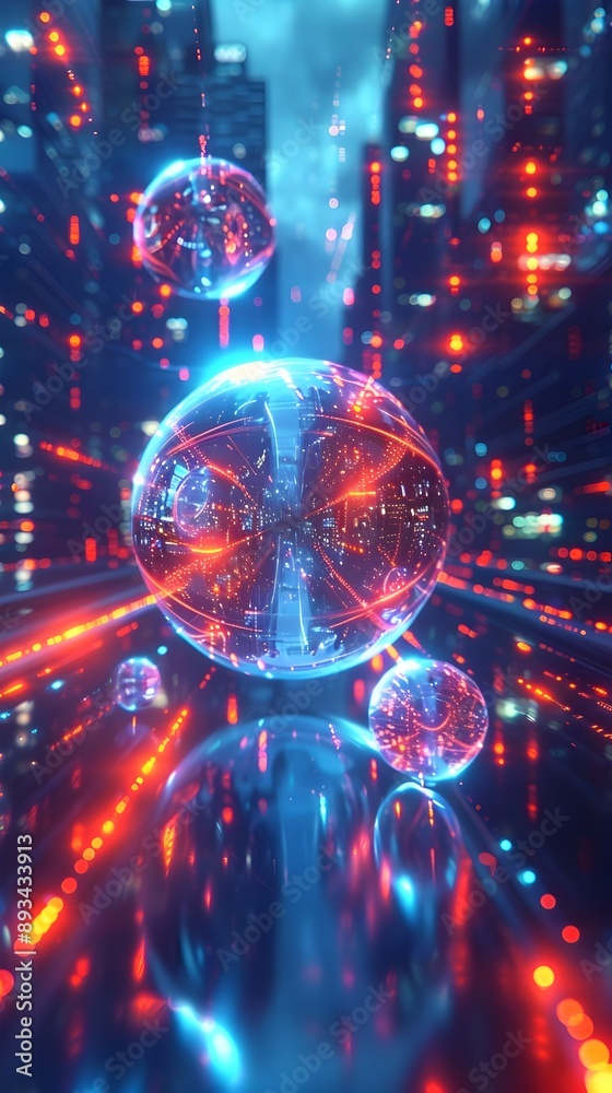 Fototapeta premium Futuristic Cyber Landscape with Floating Data Spheres and Vibrant Neon Pathways