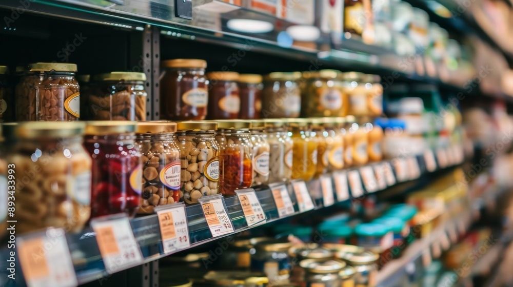 Jars of Preserved Food on Supermarket Shelf Jars of Preserved Food on Supermarket Shelf
