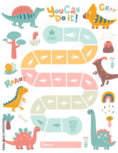 Dinosaur reward chart for girls and boys. Cute baby dino. Table of behavior and routine work of kids. Vector