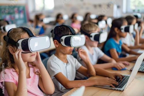 Students are actively participating in an immersive virtual reality learning experience within a classroom setting, utilizing VR headsets and modern technology for digital education