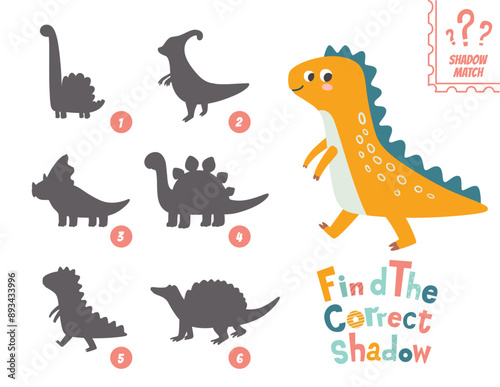 Cute dinosaur, find correct shadow shape. Children education puzzle matching game. Search right silhouette. Kid logical task. Vector