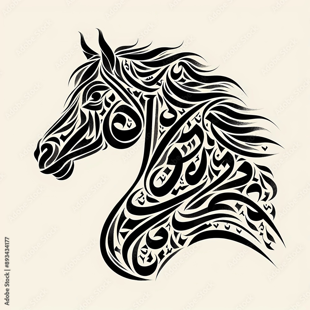 artistic representation of a horse's head, composed of Arabic artistic representation of a horse's head, composed of Arabic