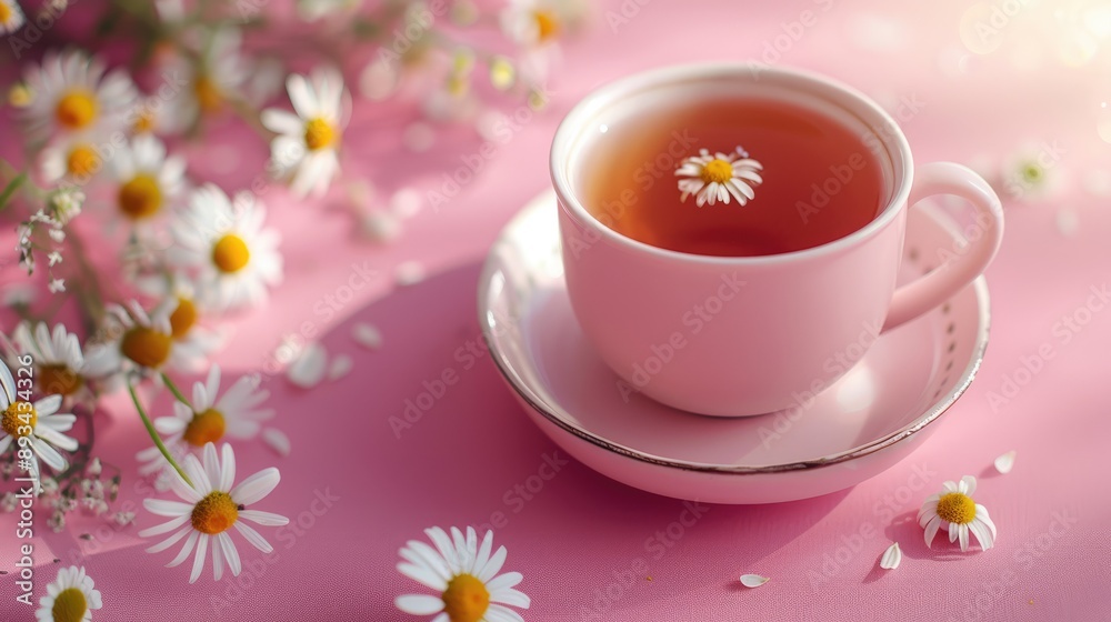 Pink cup of chamomile tea and bouquet on pink backdrop. Daisies in a cup. Chamomile tea. Photo Pink cup of chamomile tea and bouquet on pink backdrop. Daisies in a cup. Chamomile tea. Photo