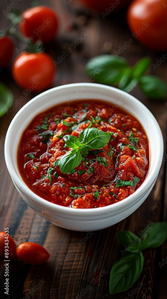 white bowl with tomato paste, aerial view, shaded by a rustic wooden table white bowl with tomato paste, aerial view, shaded by a rustic wooden table