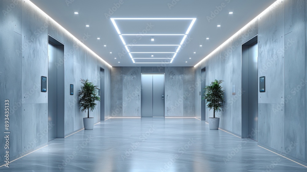 Modern Office Building Hallway with Elevators Modern Office Building Hallway with Elevators
