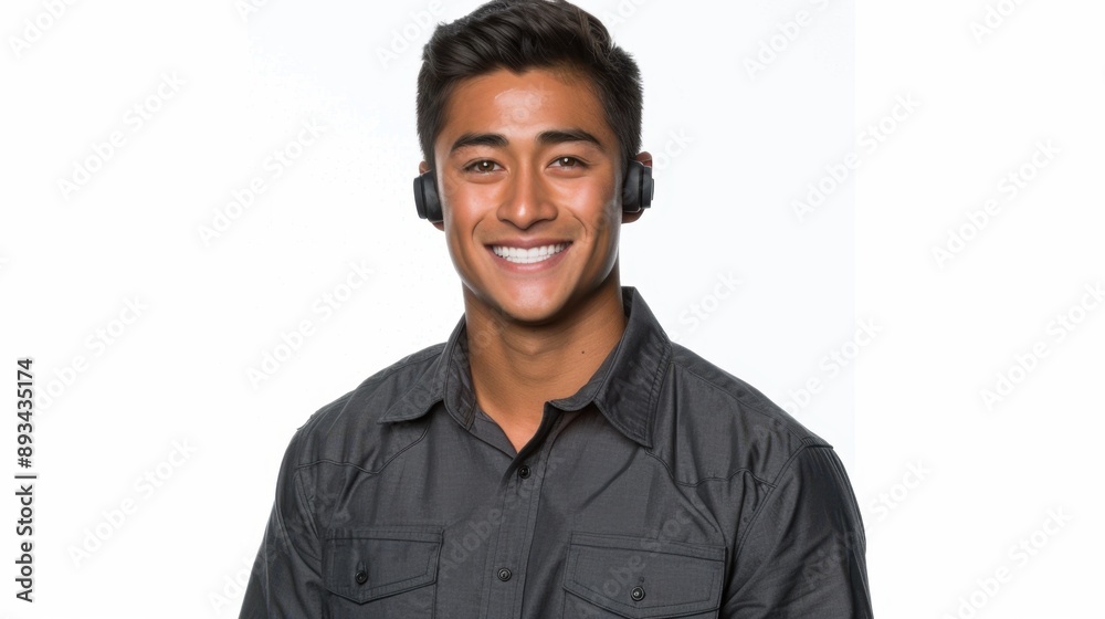 Smiling customer service representative wearing a headset, providing excellent support and assistance. Smiling customer service representative wearing a headset, providing excellent support and assistance.