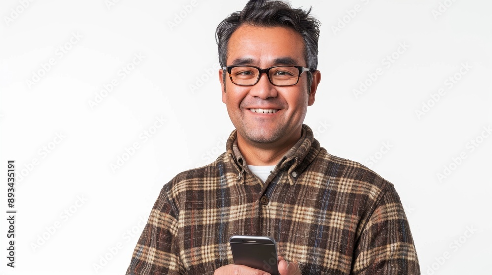 Smiling man with glasses holding a smartphone, dressed in a plaid shirt, standing against a white background. Smiling man with glasses holding a smartphone, dressed in a plaid shirt, standing against a white background.