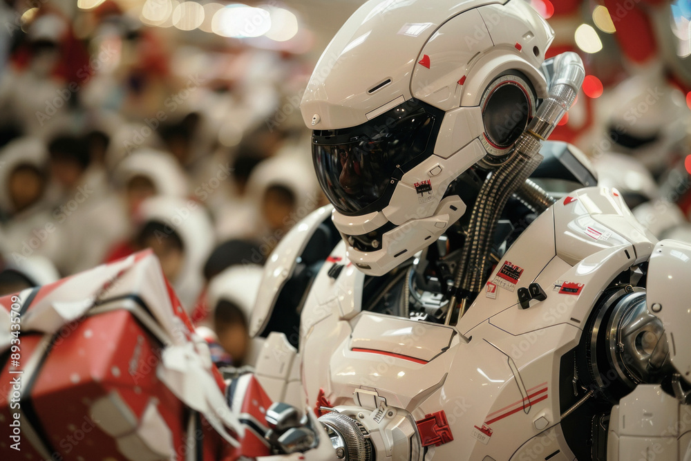 A robot android dressed like santa, wearing santa clause's costume, standing with a hip of gifts surrounded by kids A robot android dressed like santa, wearing santa clause's costume, standing with a hip of gifts surrounded by kids