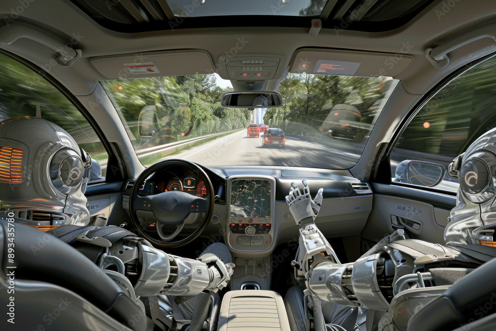 A robot android driving a car A robot android driving a car