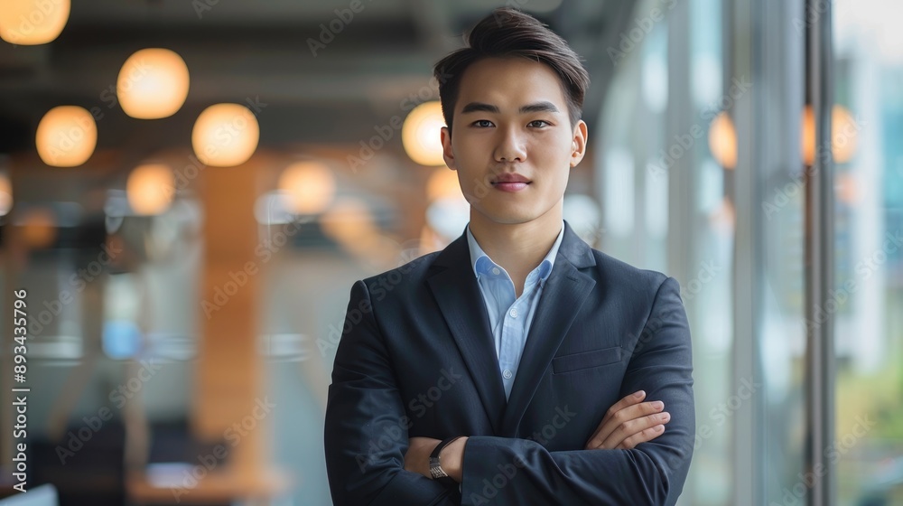 Young Asian businessman in formal wear, showcasing confidence and success in a corporate office. Young Asian businessman in formal wear, showcasing confidence and success in a corporate office.