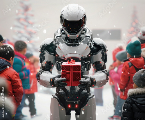 A robot android dressed like santa, wearing santa clause's costume, standing with a hip of gifts surrounded by kids photo