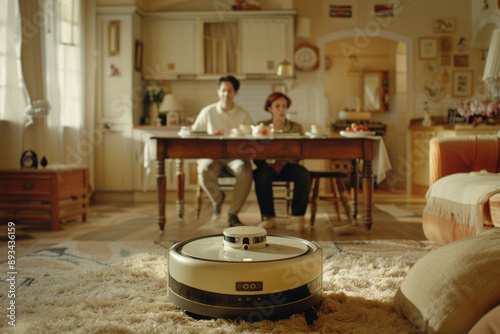 A robot android vacuuming t...