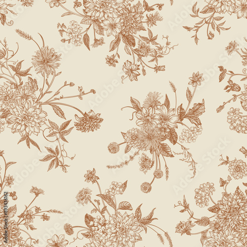 Vintage seamless pattern with autumn flowers, herbs and berries. Vector botanical floral background. Creamy delicate color.