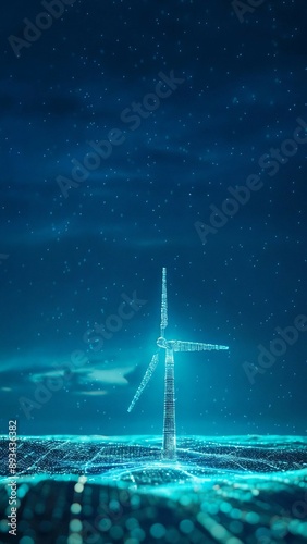 Vertical framing of futuristic technology renewable power energy windmill wireframe. Electricity turbine generator.