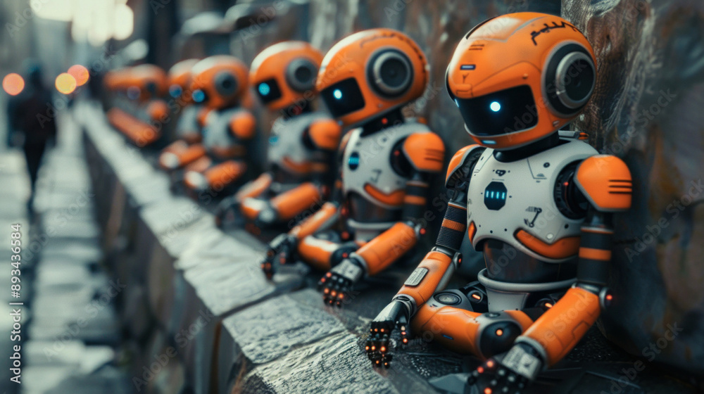 Few robots androids after a work, tired, sitting behind a wall and relaxing Few robots androids after a work, tired, sitting behind a wall and relaxing