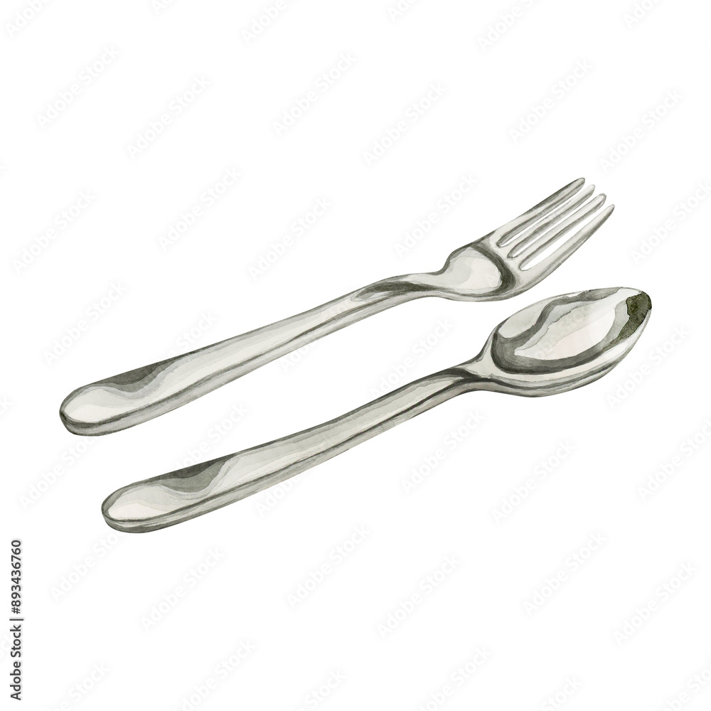 Silver steel fork and spoon. Kitchen utensil, flatware. Watercolor food illustration hand painted isolated on white Silver steel fork and spoon. Kitchen utensil, flatware. Watercolor food illustration hand painted isolated on white