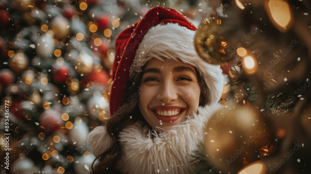 Santa woman behind a christmas tree, laughing, very pleasant and beautiful Santa woman behind a christmas tree, laughing, very pleasant and beautiful
