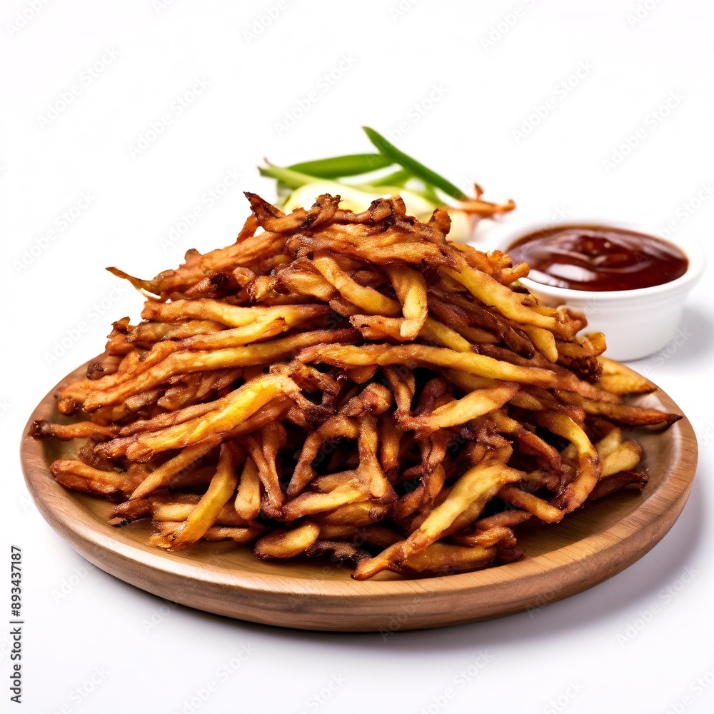 Fried sweet potatoes cut lengthwise and with sauce on a white isolated background Fried sweet potatoes cut lengthwise and with sauce on a white isolated background