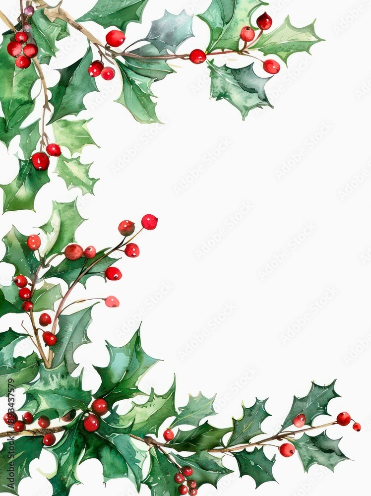 Fototapeta premium Christmas holly branches with green leaves and red berries as frame on white background. Watercolor festive greeting card design.