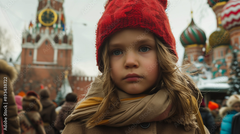 Young girl in red hat and scarf in front of a famous cathedral Young girl in red hat and scarf in front of a famous cathedral