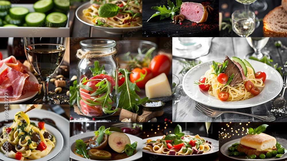 A collage of different images featuring Italian food and meat, such as pasta with sauce or cheese, salami in jar, salad on plate and vegetables.