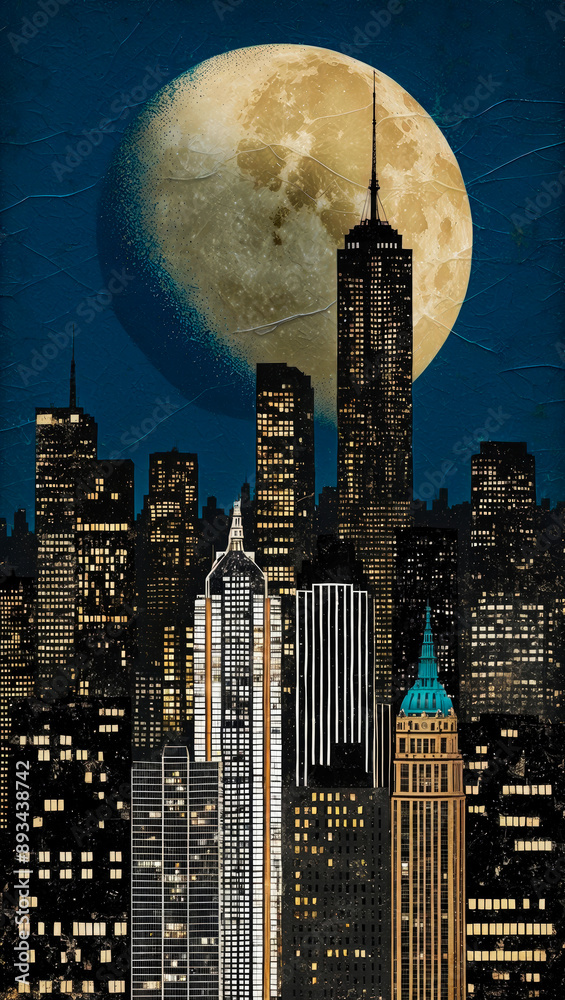 panorama of skyscrapers of a city at night with a big moon and ...
