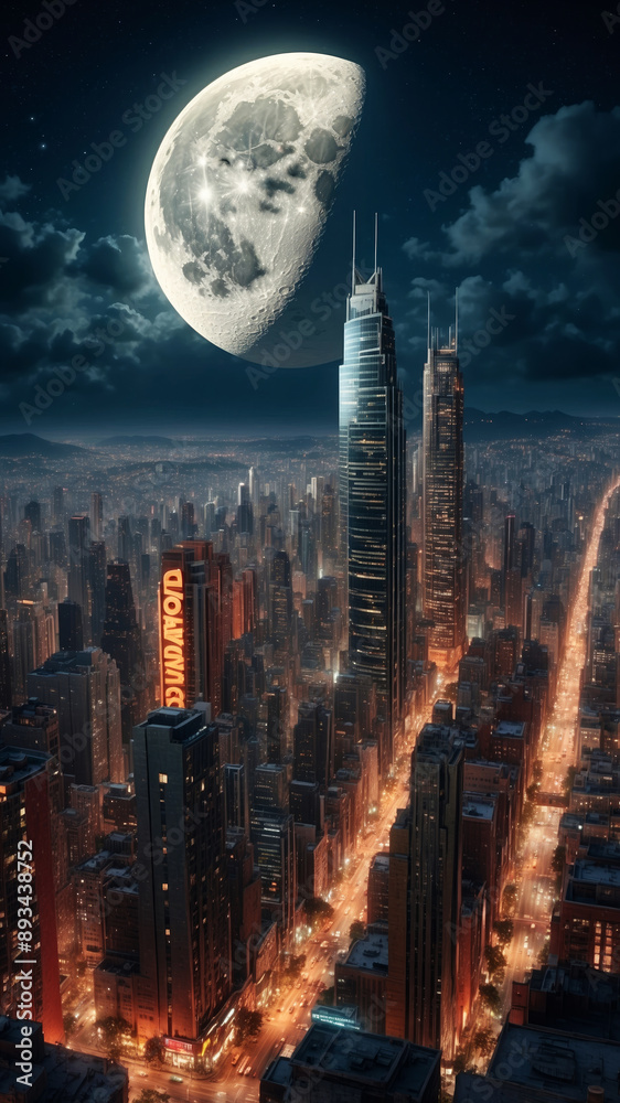 Fototapeta premium panorama of skyscrapers of a city at night with a big moon and illuminated windows in a retro vintage poster to use as a mobile phone screen
