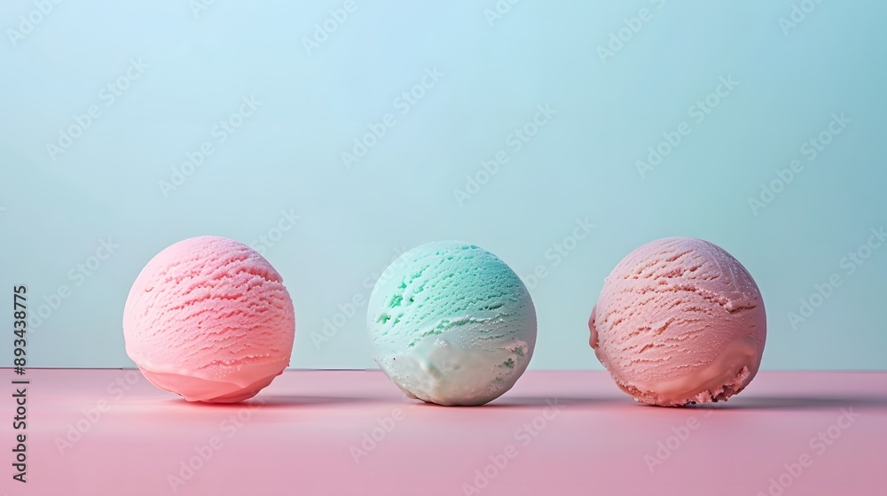 A photograph of three ice cream balls, each in a different color. A photograph of three ice cream balls, each in a different color.