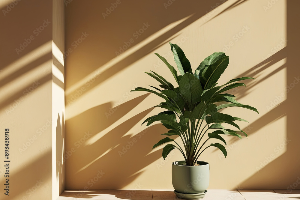 Modern summer scene with a green potted plant against a beige wall Modern summer scene with a green potted plant against a beige wall