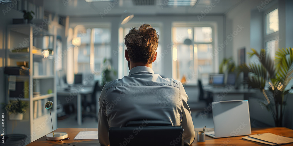 Rear view, A man thinking in an office. Generative AI. Rear view, A man thinking in an office. Generative AI.