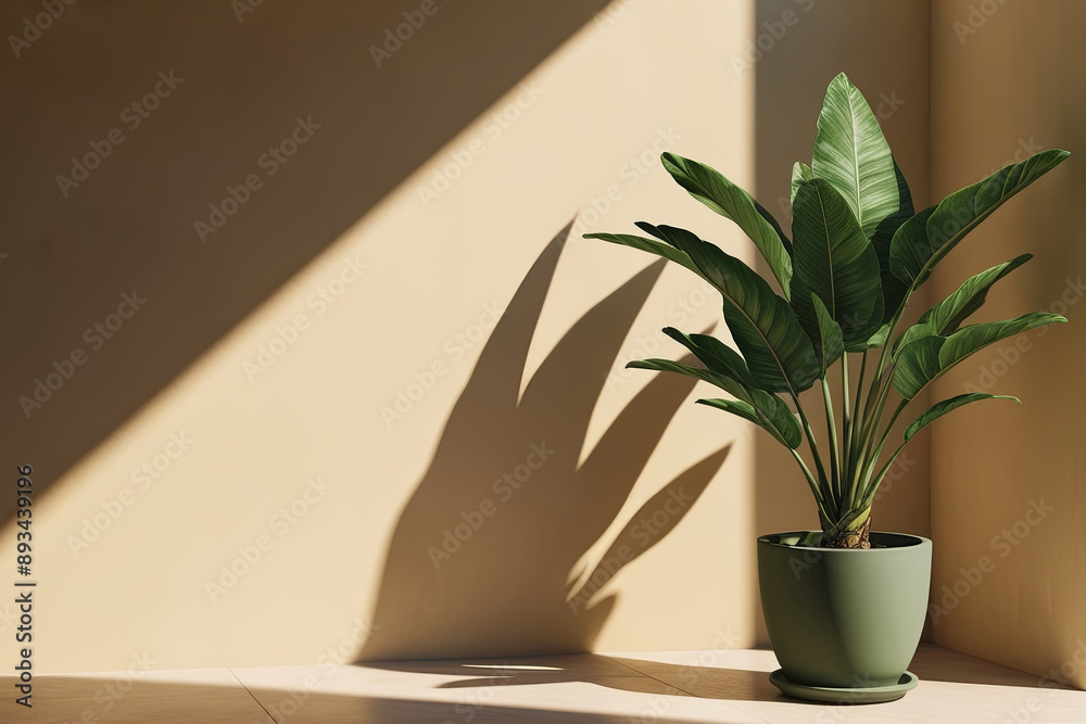 Modern summer scene with a green potted plant against a beige wall Modern summer scene with a green potted plant against a beige wall