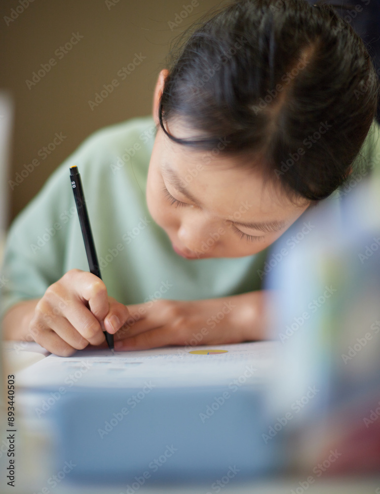 夏休み中の小学生の子供が家で宿題をする様子
