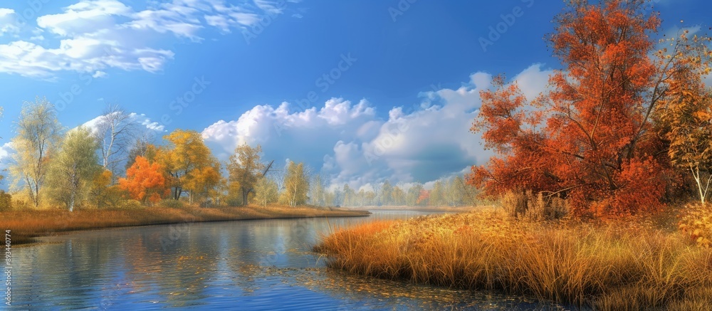 Autumn sky provides background for river bank offering ample copy space image Autumn sky provides background for river bank offering ample copy space image