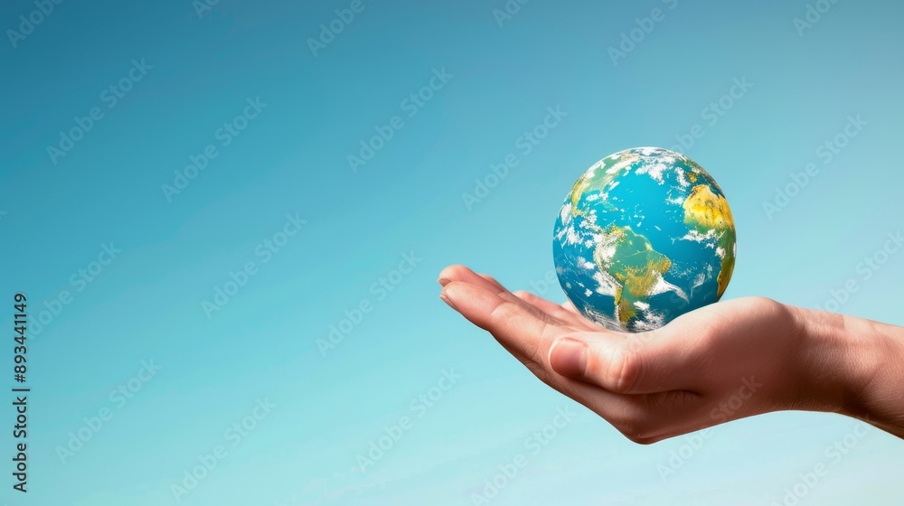 Open Hand Holding Small Earth Against Clear Blue Sky Open Hand Holding Small Earth Against Clear Blue Sky