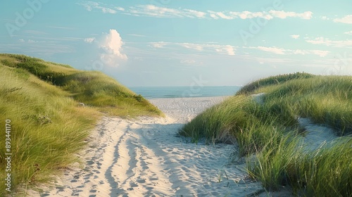 Fototapeta Naklejka Na Ścianę i Meble -  A beach path leading to grassy hills, a sandy road with bicycle tracks in the sand and green grass, a clear sky, a sandy ground, a grassy field. Generative AI.