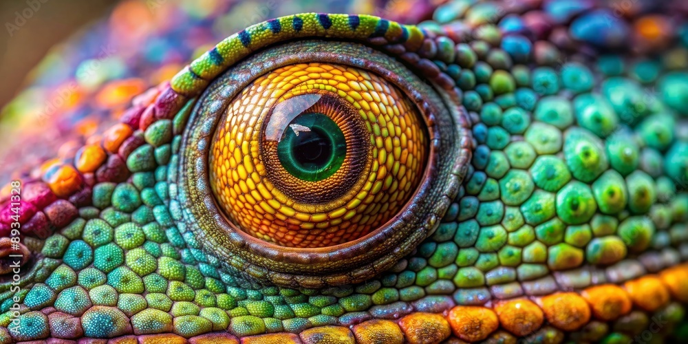 Obraz premium Chameleon Eye Close Up Vibrant Reptile Texture, Macro Photography