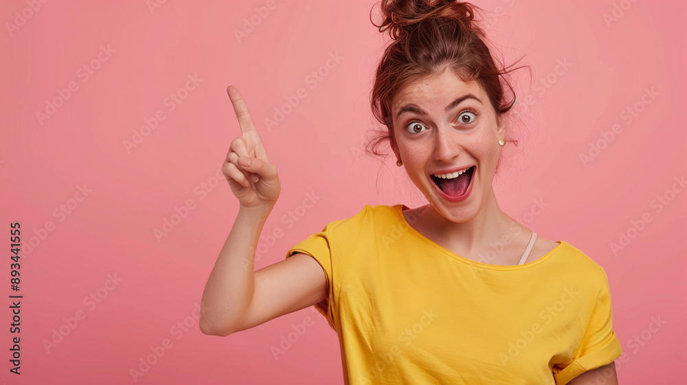 Portrait of a beautiful woman pointing her fingers isolated on a pastel background. Portrait of a beautiful woman pointing her fingers isolated on a pastel background.