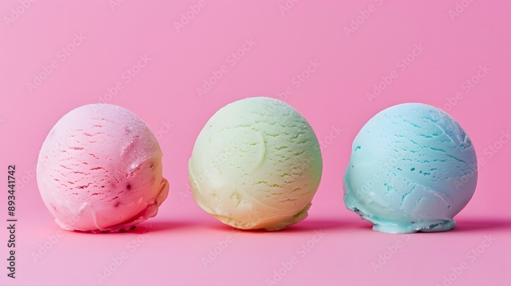 A photograph of three ice cream balls, each in a different color. A photograph of three ice cream balls, each in a different color.