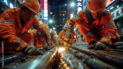 A group of Chinese workers in orange work and helmets, working on an iron pipe with electric benders at night in the city street. Generative AI.