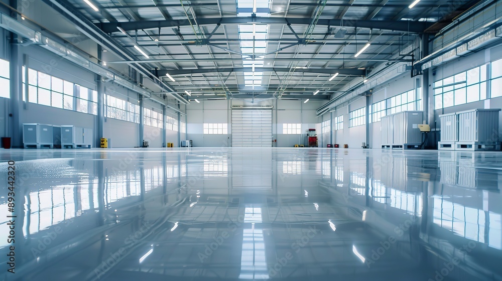 New shiny epoxy resin floor in a large, brightly lit room. Office, warehouse, production workshop after renovation. New shiny epoxy resin floor in a large, brightly lit room. Office, warehouse, production workshop after renovation.
