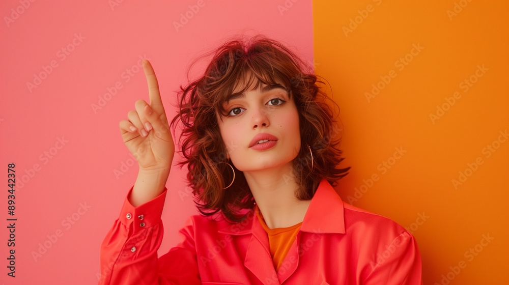 Portrait of a beautiful woman pointing her fingers isolated on a pastel background. Portrait of a beautiful woman pointing her fingers isolated on a pastel background.