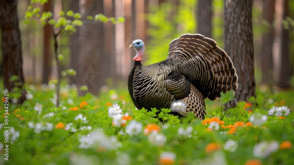 Fototapeta premium A wild turkey stands in a forest setting, surrounded by a field of white and orange wildflowers, with trees blurred in the background
