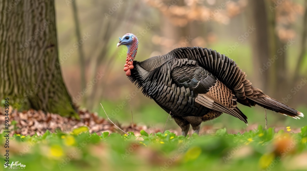 Obraz premium A wild turkey stands in a forest setting, surrounded by a field of white and orange wildflowers, with trees blurred in the background